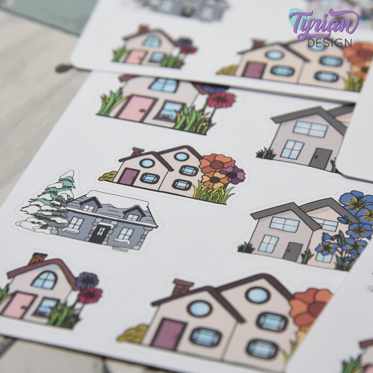 Variety of Houses and Flowers | 7 Stickers | Multiple Sizes
