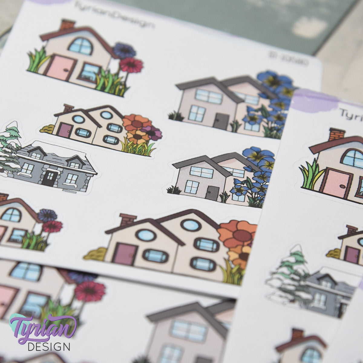 Variety of Houses and Flowers | 7 Stickers | Multiple Sizes
