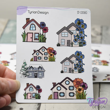 Variety of Houses and Flowers | 7 Stickers | Multiple Sizes