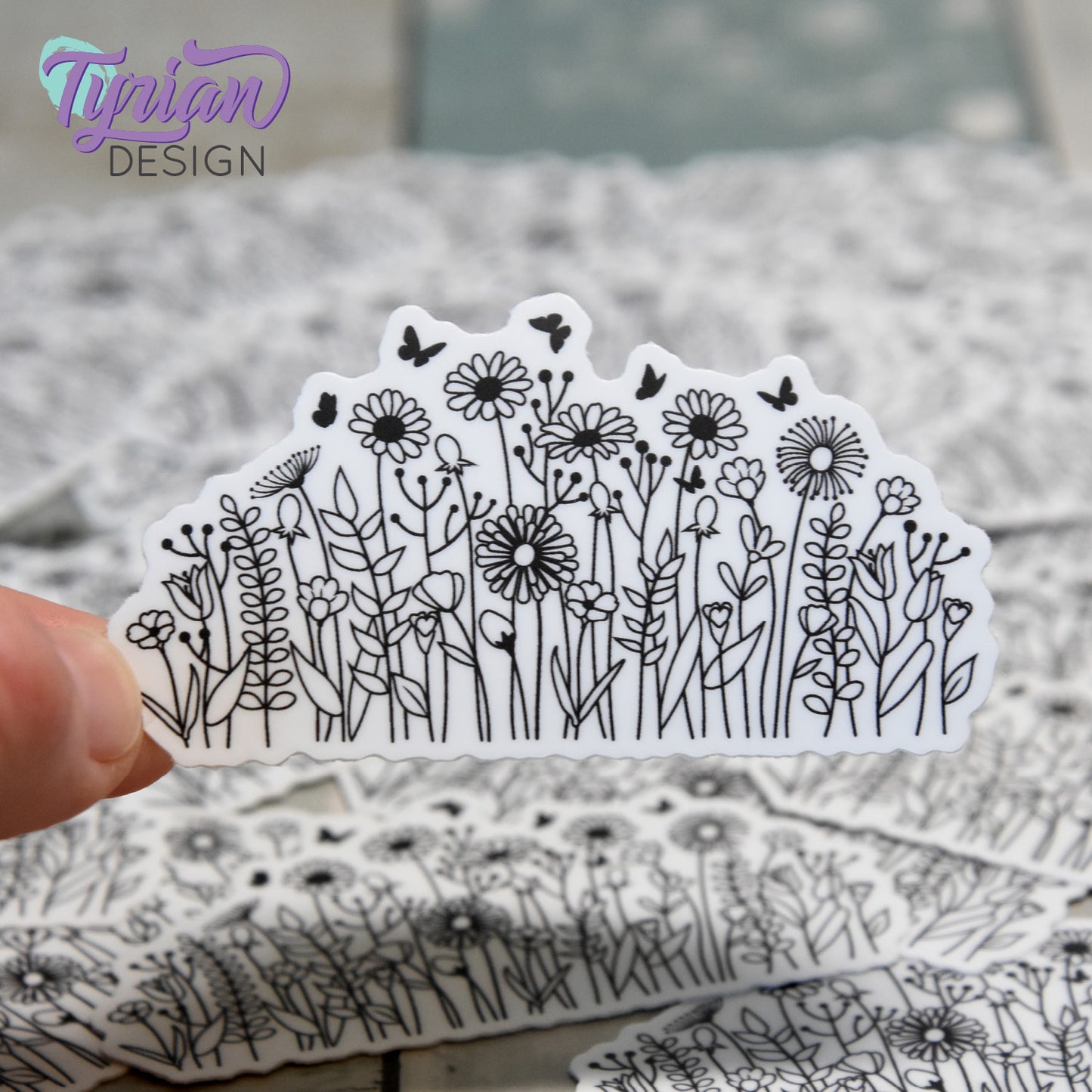Wild Flowers Vinyl Sticker | high quality weather proof vinyl | 3 x 1.5" | Black and White Flower sticker