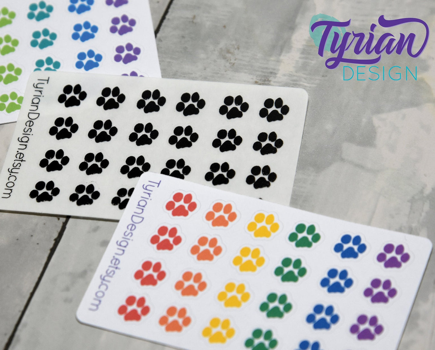 Paw Print Stickers Mini Sheet for Planners and Journals. Rainbow Paws or Pastel Rainbow or Black Paws, clear or white matte stickers