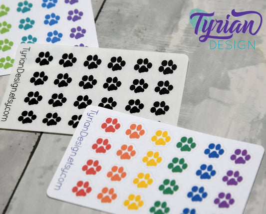 Paw Print Stickers Mini Sheet for Planners and Journals. Rainbow Paws or Pastel Rainbow or Black Paws, clear or white matte stickers