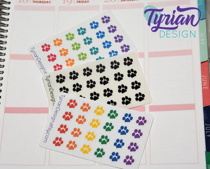 Paw Print Stickers Mini Sheet for Planners and Journals. Rainbow Paws or Pastel Rainbow or Black Paws, clear or white matte stickers