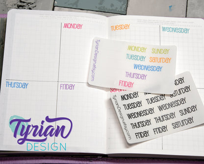 Days of the week Stickers for Planners and Journals. Date headers, Monday - Sunday Two weeks
