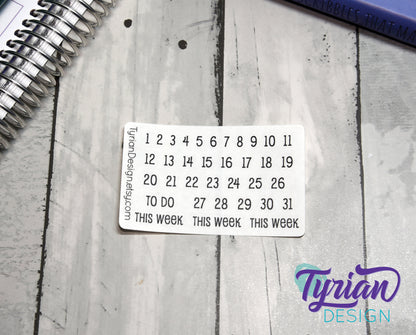Dates Stickers for Planners and Journals | 1-31 stickers | This week and To Do stickers | Font: Emm | Mini Sheet | Tiny Stickers