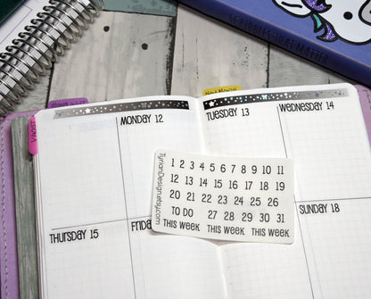 Dates Stickers for Planners and Journals | 1-31 stickers | This week and To Do stickers | Font: Emm | Mini Sheet | Tiny Stickers