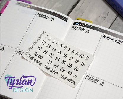 Dates Stickers for Planners and Journals | 1-31 stickers | This week and To Do stickers | Font: Emm | Mini Sheet | Tiny Stickers