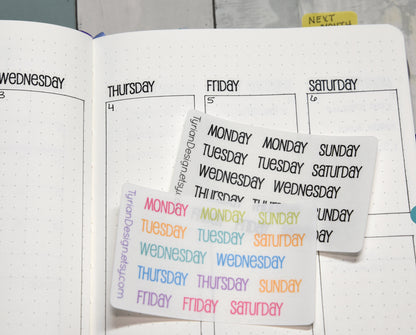 Days of the week Stickers for Planners and Journals. Date headers, Monday - Sunday Two weeks