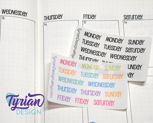 Days of the week Stickers for Planners and Journals. Date headers, Monday - Sunday Two weeks