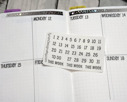 Dates Stickers for Planners and Journals | 1-31 stickers | This week and To Do stickers | Font: Emm | Mini Sheet | Tiny Stickers