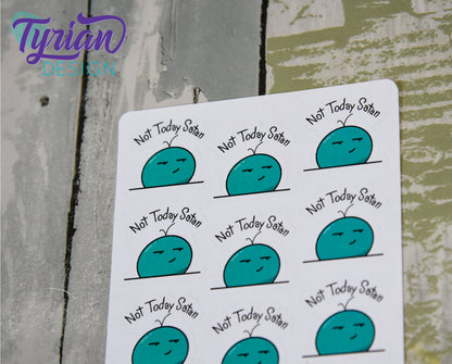 Not Today Satan 2.0 turquoise Emoji Stickers, bad mood icon on clear or white matte stickers