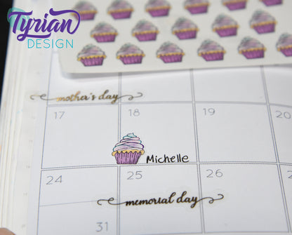Cupcake Stickers Mini Sheet for Planners and Journals. mini cupcake stickers, birthdays, celebrations, clear or white matte stickers