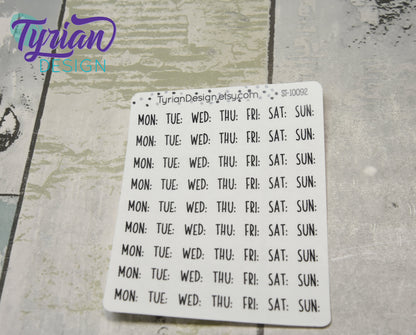 Days of the week Stickers | 63 Stickers | .32 x .4" Each | Charley Font