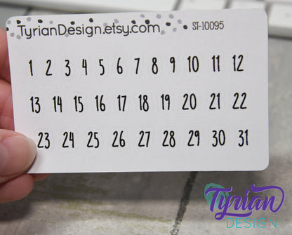 Date Stickers for Planners and Journals. 1-31 stickers, Charley Font Great for Bullet Journals