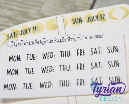 Monday-Sunday Small Abbreviated Days of the week Stickers for Planners and Journals. 3 weeks worth of stickers. White or Clear Matte.