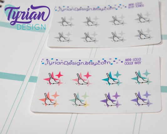 Cleaning Icon, Broom Stickers. Magic dust, Different color options. stickers for Planners, journals and calendars mini sticker sheet