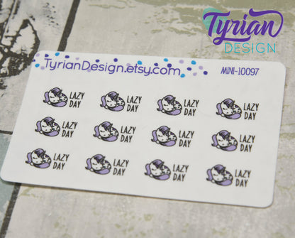 Lazy Day Sleeping Unicorn mini sticker sheet with purple mane with Turquoise accents. Small napping Unicorn Great for Planners & Journals