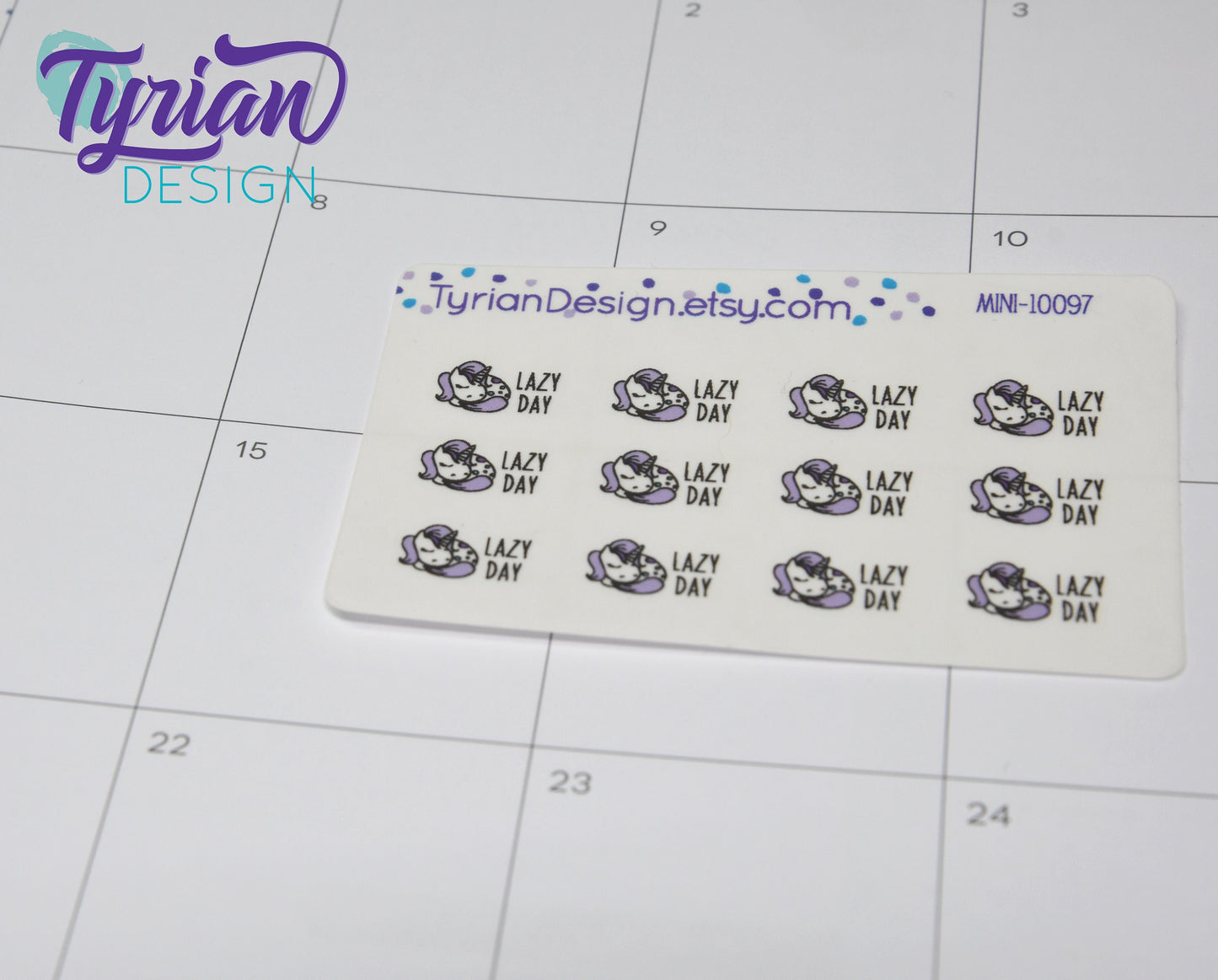 Lazy Day Sleeping Unicorn mini sticker sheet with purple mane with Turquoise accents. Small napping Unicorn Great for Planners & Journals