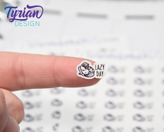 Lazy Day Sleeping Unicorn mini sticker sheet with purple mane with Turquoise accents. Small napping Unicorn Great for Planners & Journals