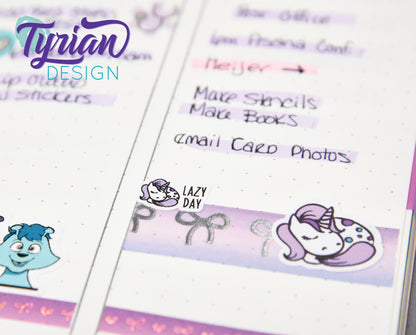Lazy Day Sleeping Unicorn mini sticker sheet with purple mane with Turquoise accents. Small napping Unicorn Great for Planners & Journals