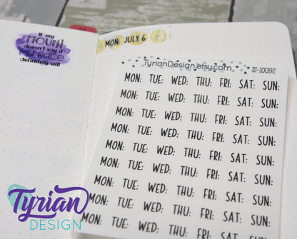 Days of the week Stickers | 63 Stickers | .32 x .4" Each | Charley Font
