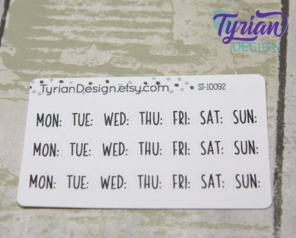 Monday-Sunday Small Abbreviated Days of the week Stickers for Planners and Journals. 3 weeks worth of stickers. White or Clear Matte.