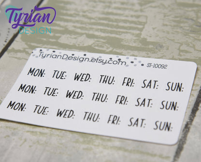 Monday-Sunday Small Abbreviated Days of the week Stickers for Planners and Journals. 3 weeks worth of stickers. White or Clear Matte.