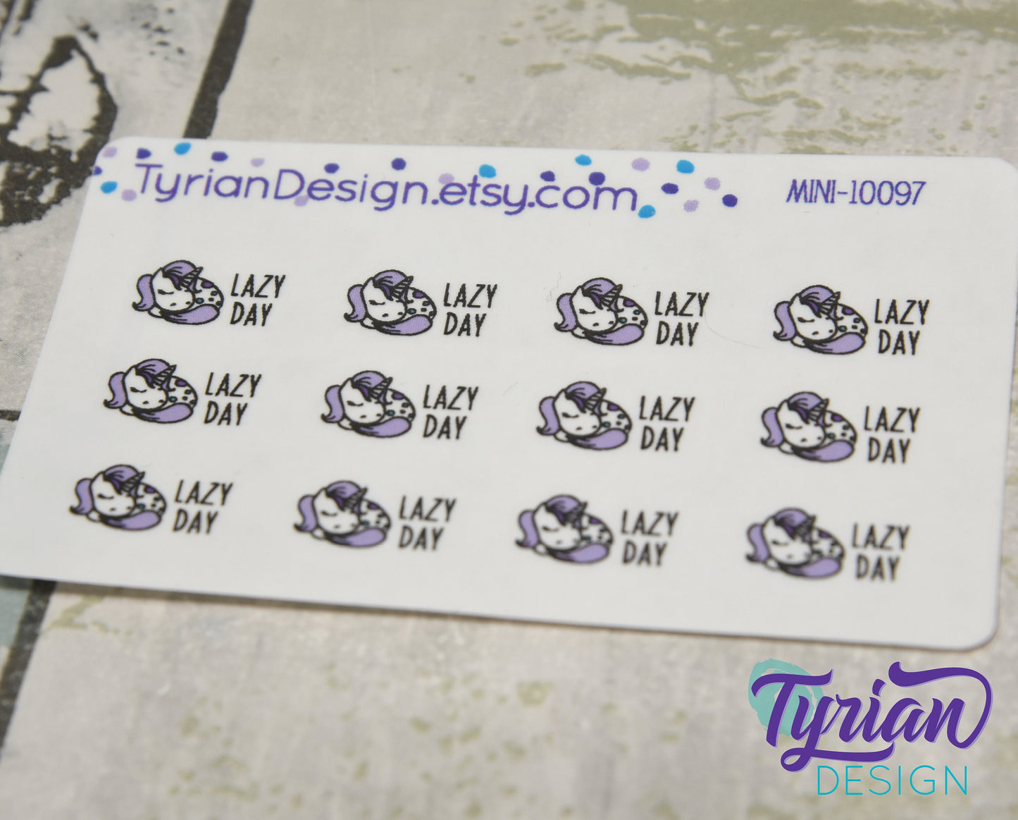 Lazy Day Sleeping Unicorn mini sticker sheet with purple mane with Turquoise accents. Small napping Unicorn Great for Planners & Journals