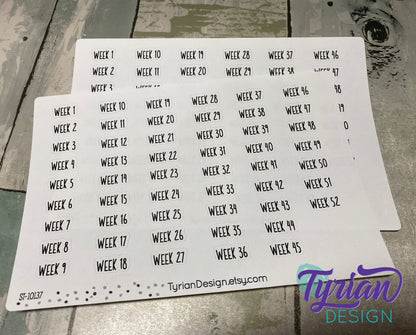 Week 1-52 Stickers | 52 Stickers | .35" x .75" Max Each