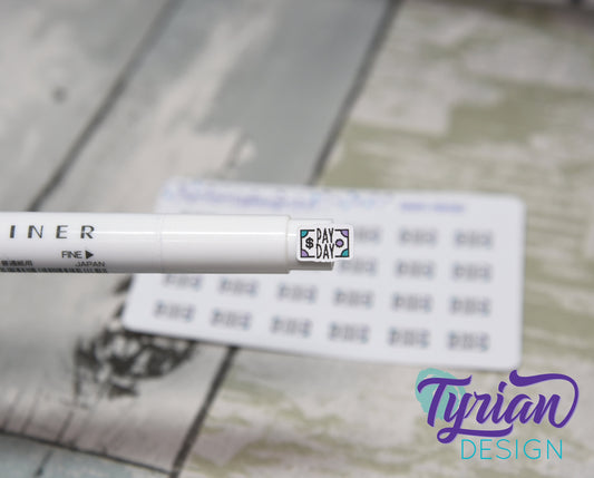 Payday Stickers | Tiny Payday stickers | 24 Stickers | .39" x .26" Each | 3.375" x 2.125" Mini Sheet | White or Clear