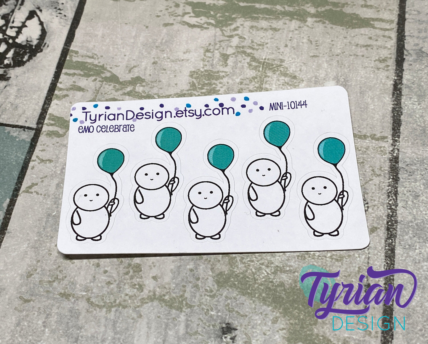 Emo Celebrate character Sticker Mini Sheet. Emoji with Turquoise Balloon.