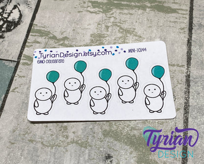 Emo Celebrate character Sticker Mini Sheet. Emoji with Turquoise Balloon.