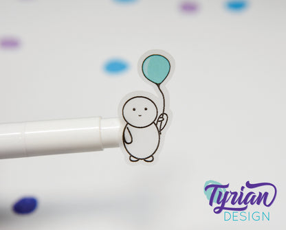 Emo Celebrate character Sticker Mini Sheet. Emoji with Turquoise Balloon.