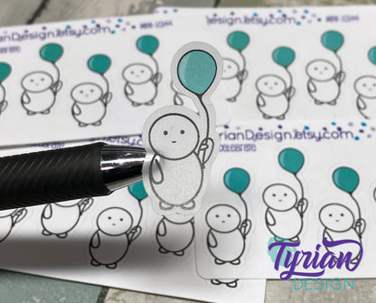 Emo Celebrate character Sticker Mini Sheet. Emoji with Turquoise Balloon.