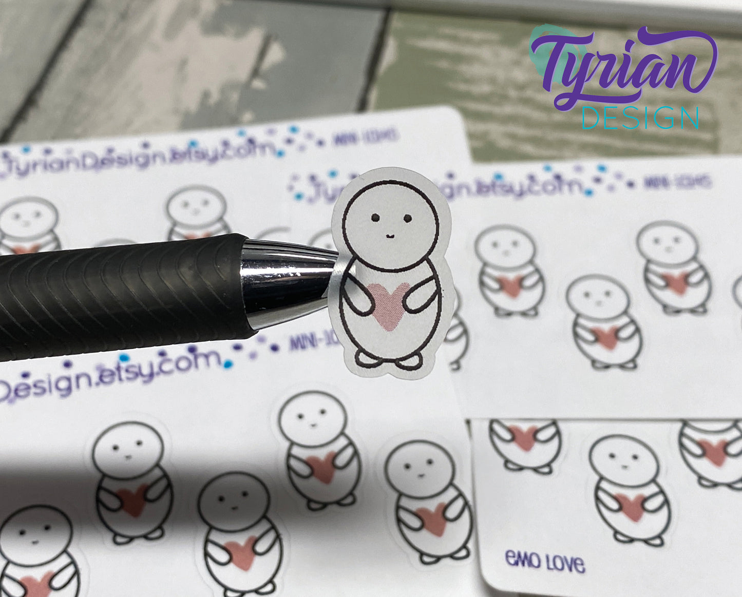 Emo Love character Sticker Mini Sheet. Emoji with faded red heart.