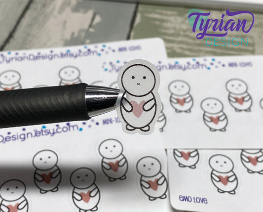 Emo Love character Sticker Mini Sheet. Emoji with faded red heart.