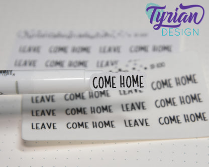 Leave and Come Home Stickers Mini Sheet for Planners and Journals. Black Type, clear or white matte stickers - Road Trip, Vacation, Getaway