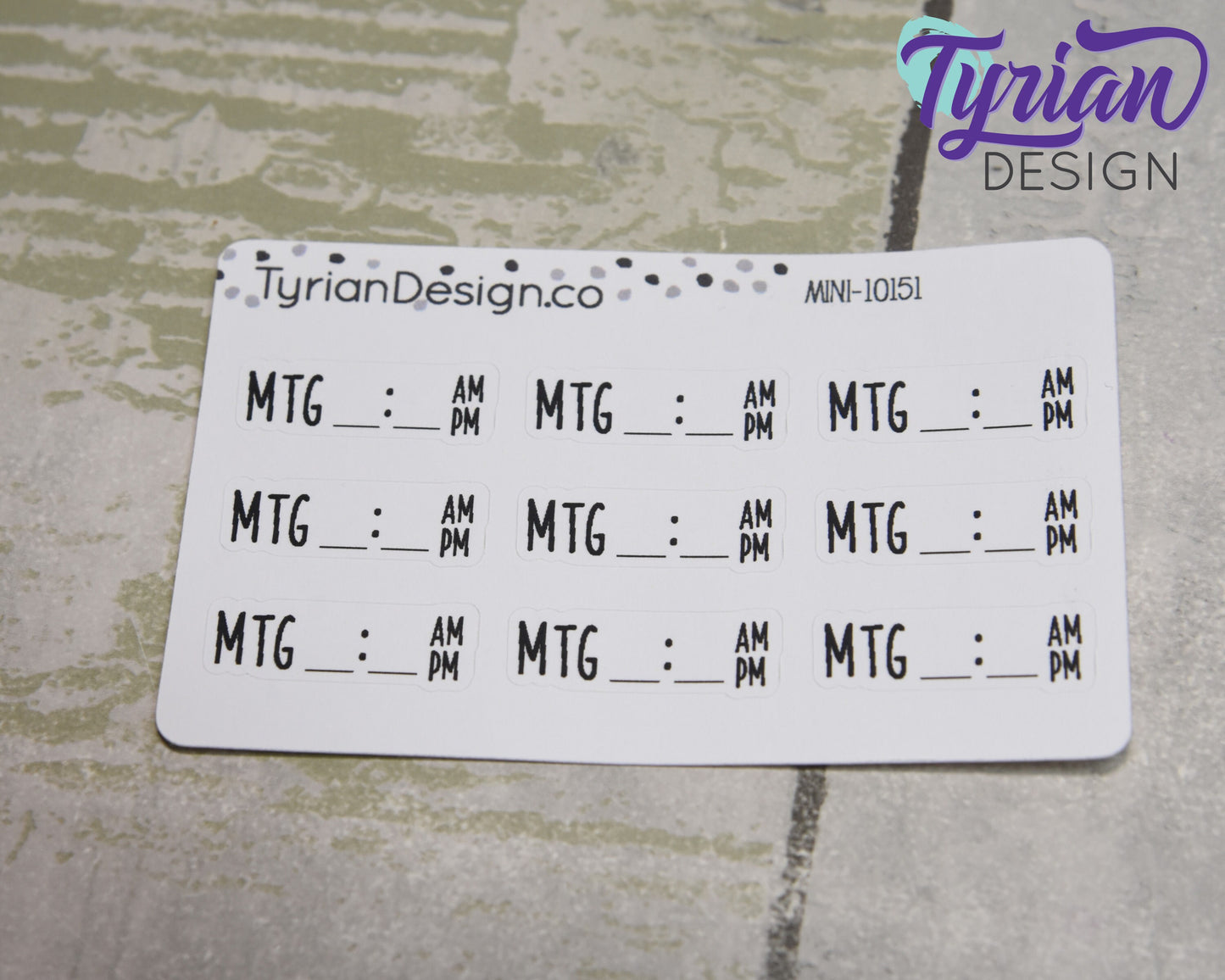 Meeting Time Stickers Mini Sheet for Planners and Journals. Black Type, clear or white matte stickers - Meeting with Time space am pm