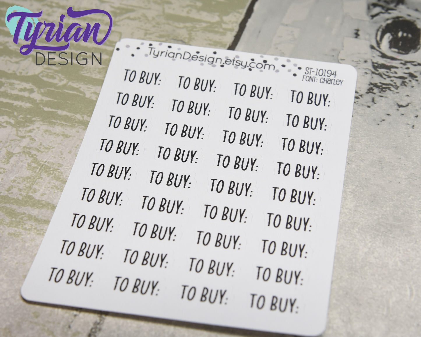 To Buy Stickers | 36 Stickers | .68 x .35" Each | Charley Font