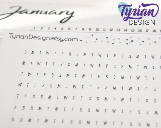 5mm Days of the week for Horizontal Habit Tracker Stickers | 12 Stickers | 5mm x 155mm