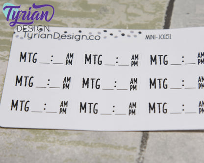 Meeting Time Stickers Mini Sheet for Planners and Journals. Black Type, clear or white matte stickers - Meeting with Time space am pm