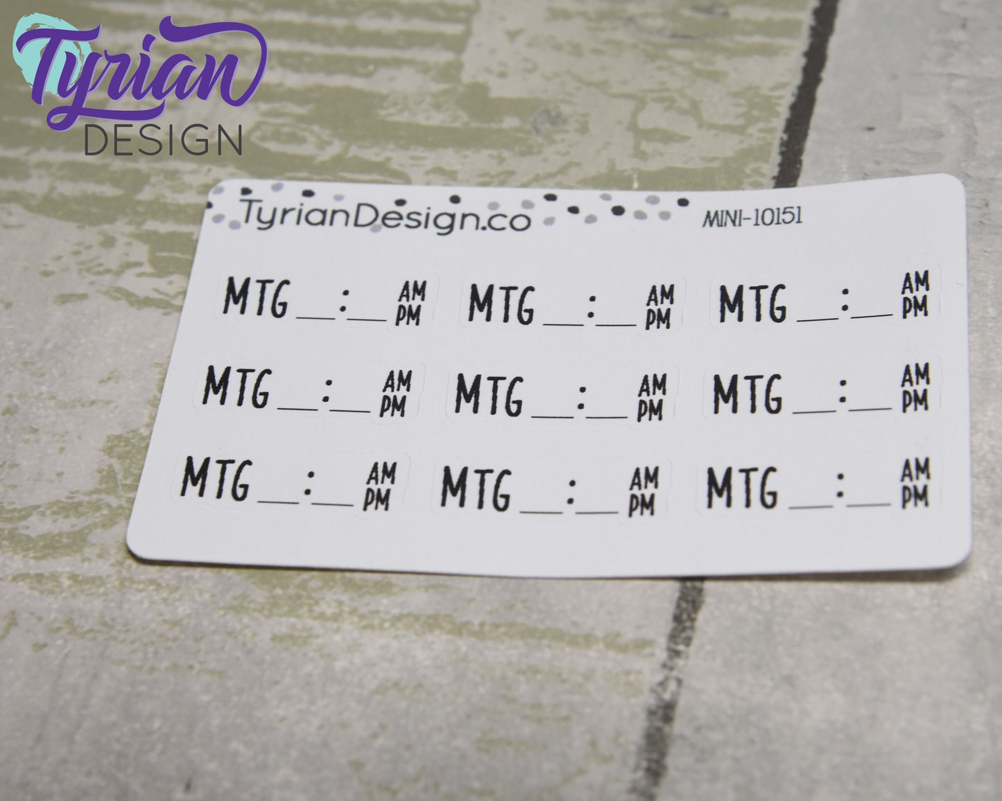 Meeting Time Stickers Mini Sheet for Planners and Journals. Black Type, clear or white matte stickers - Meeting with Time space am pm