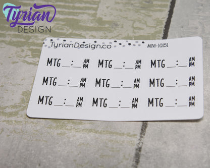 Meeting Time Stickers Mini Sheet for Planners and Journals. Black Type, clear or white matte stickers - Meeting with Time space am pm