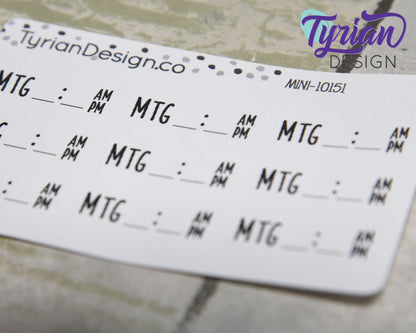 Meeting Time Stickers Mini Sheet for Planners and Journals. Black Type, clear or white matte stickers - Meeting with Time space am pm