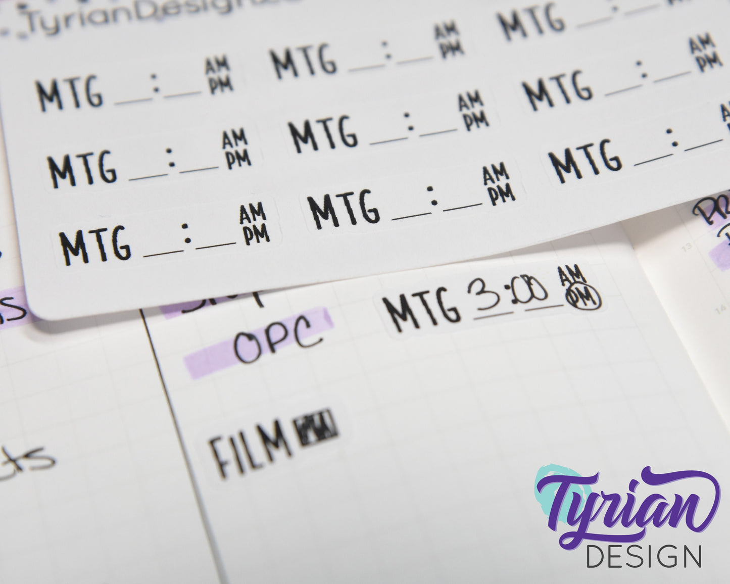 Meeting Time Stickers Mini Sheet for Planners and Journals. Black Type, clear or white matte stickers - Meeting with Time space am pm