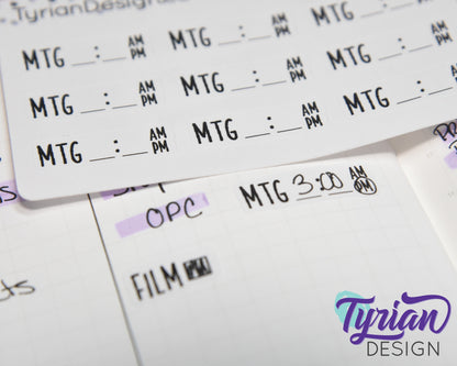 Meeting Time Stickers Mini Sheet for Planners and Journals. Black Type, clear or white matte stickers - Meeting with Time space am pm