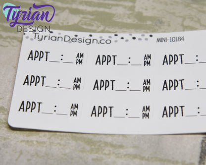 Appointment Time Stickers Mini Sheet for Planners and Journals. Black Type, clear or white matte stickers - Appt with Time space am pm