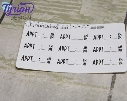 Appointment Time Stickers Mini Sheet for Planners and Journals. Black Type, clear or white matte stickers - Appt with Time space am pm