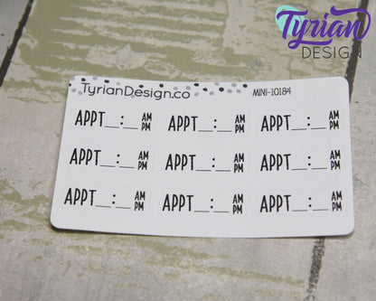Appointment Time Stickers Mini Sheet for Planners and Journals. Black Type, clear or white matte stickers - Appt with Time space am pm