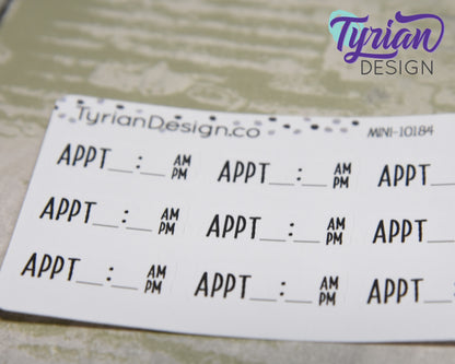 Appointment Time Stickers Mini Sheet for Planners and Journals. Black Type, clear or white matte stickers - Appt with Time space am pm